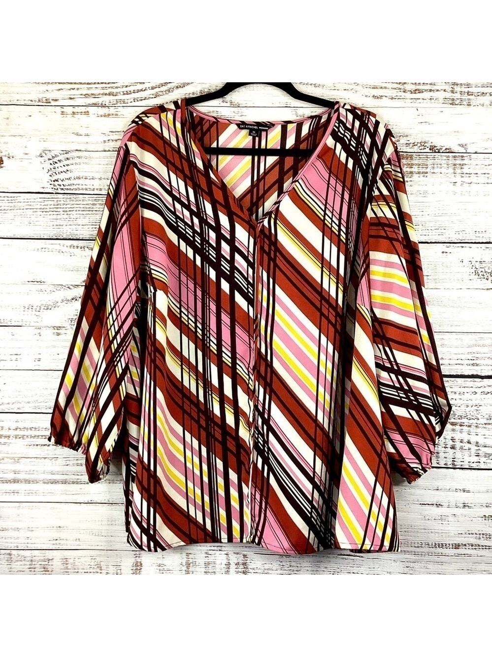 ZAC & RACHEL WOMAN PLUS SIZE 3X BROWN PINK TOP STRIPES FALL BLOUSE GUC‎